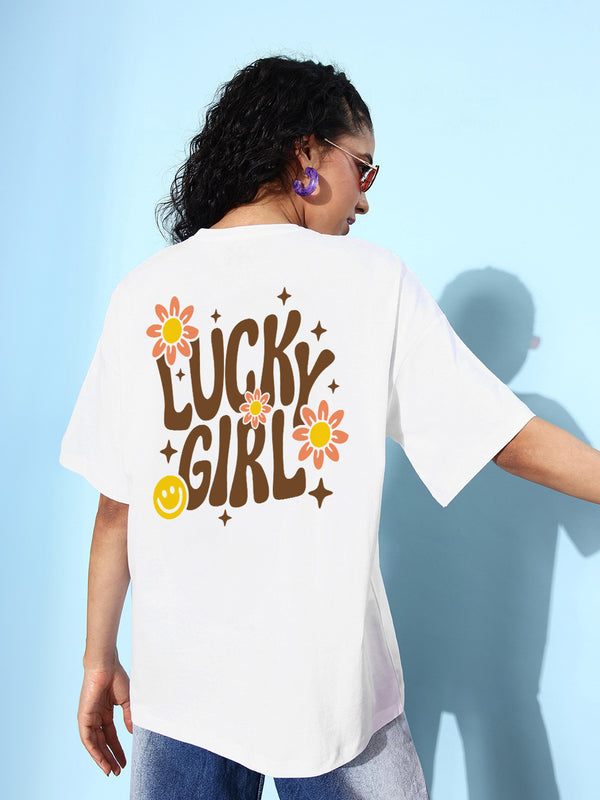 Lucky Girl : Urban Oversized Tee| Made from Premium Cotton | Specially Made For Girls| White