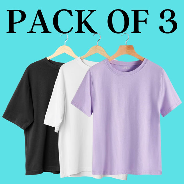 Pack Of 3 Solid Oversized T-Shirt (100% Cotton, Lavender, White & Black)