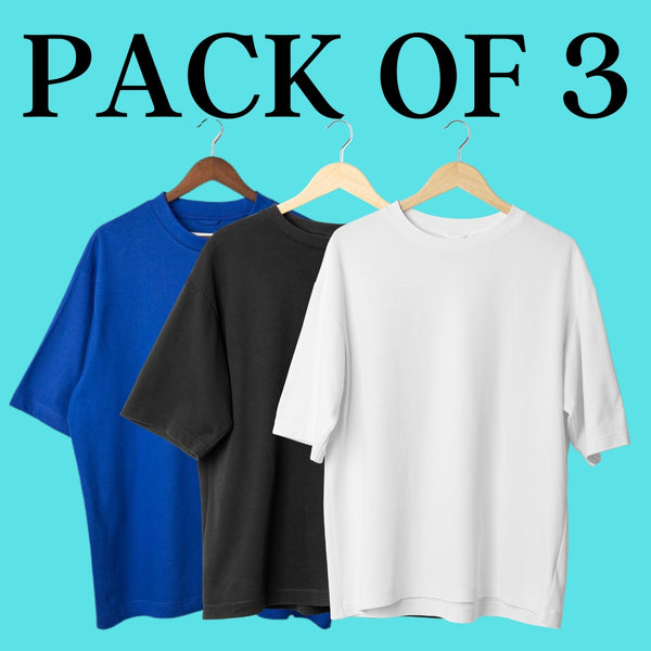 Pack Of 3 Solid Oversized T-Shirt (100% Cotton, Blue, White & Black)