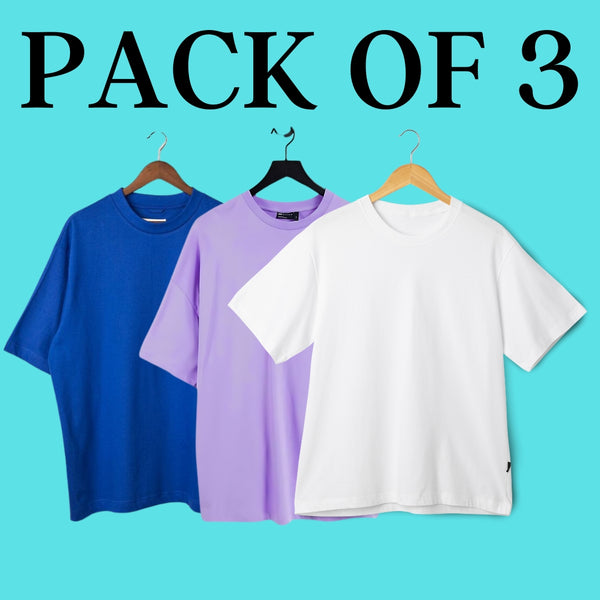 Pack Of 3 Solid Oversized T-Shirt (100% Cotton, Lavender, White & Blue)