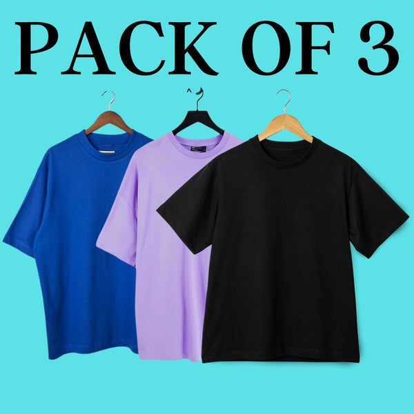 Pack Of 3 Solid Oversized T-Shirt (100% Cotton, Lavender, Black & Blue)