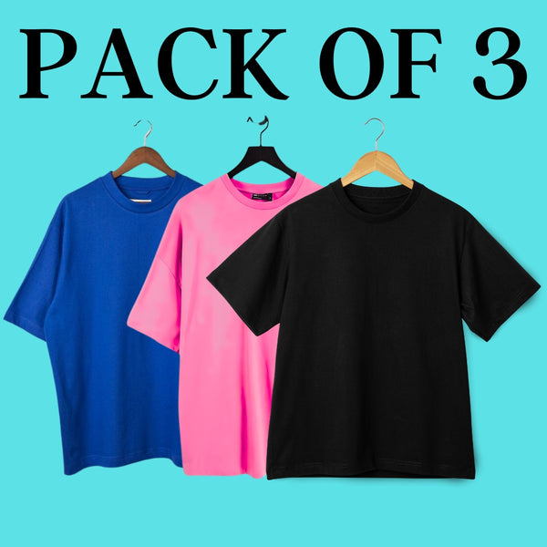 Pack Of 3 Solid Oversized T-Shirt (100% Cotton, Blue, Pink & Black)