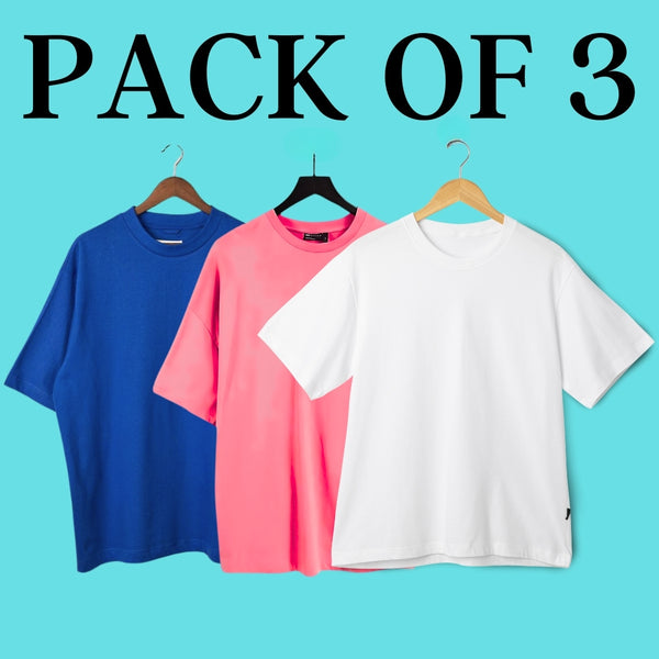 Pack Of 3 Solid Oversized T-Shirt (100% Cotton, White, Coral Pink & Blue)