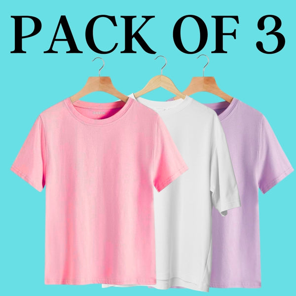 Pack Of 3 Solid Oversized T-Shirt (100% Cotton, Lavender, White & Coral Pink)