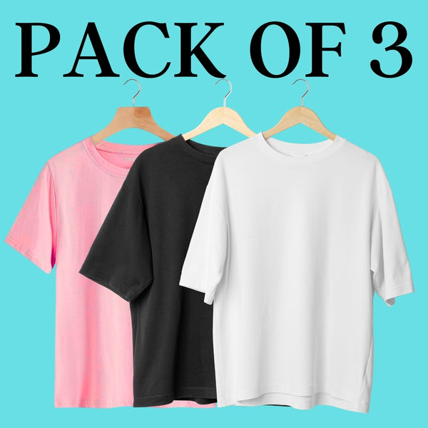 Pack Of 3 Solid Oversized T-Shirt (100% Cotton, Coral Pink, White & Black)