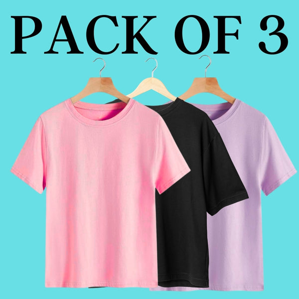 Pack Of 3 Solid Oversized T-Shirt (100% Cotton, Lavender, Coral Pink & Black)