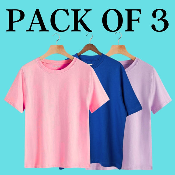 Pack Of 3 Solid Oversized T-Shirt (100% Cotton, Lavender, Coral Pink & Blue)
